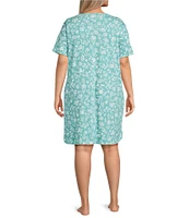 Sleep Sense Plus Size Short Sleeve Crew Neck Sketch Floral Print Knit Nightgown