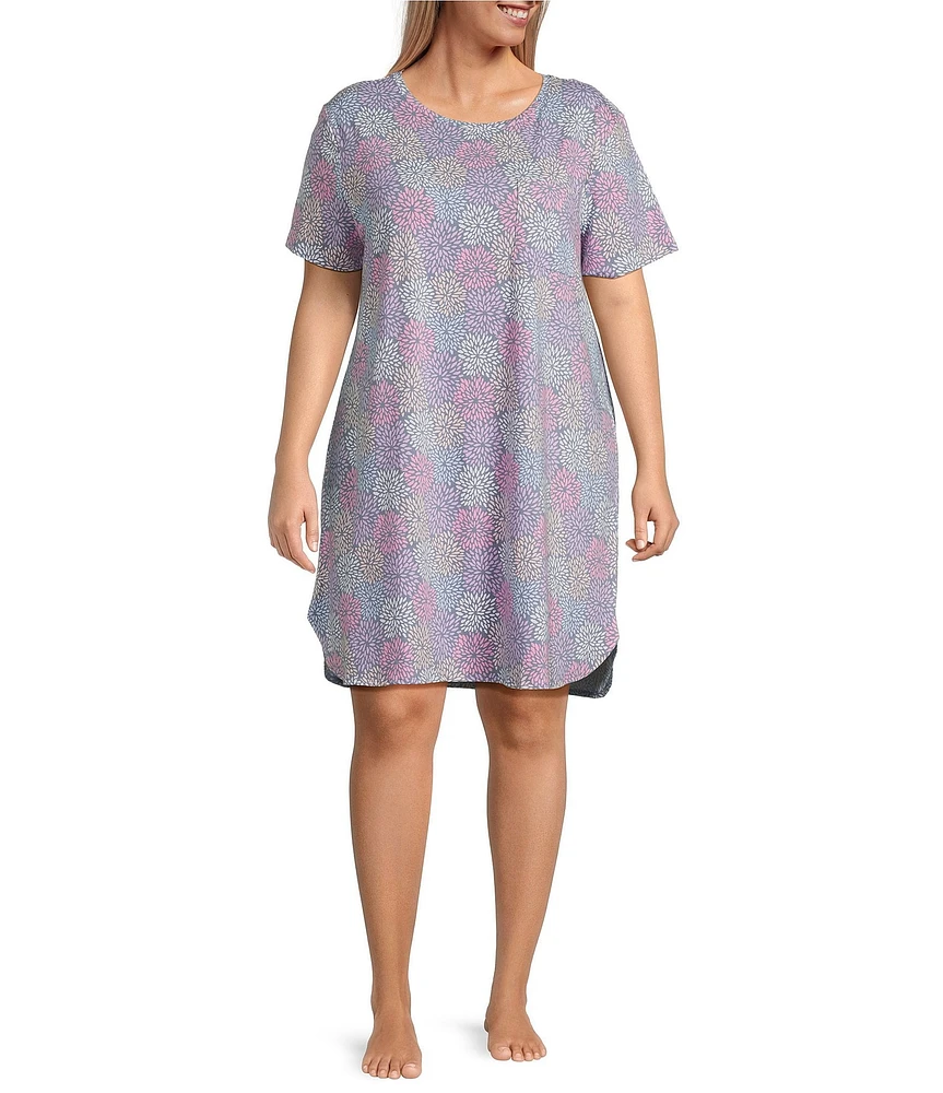 Sleep Sense Plus Size Short Sleeve Crew Neck Spring Mums Print Chest Pocket Knit Nightgown