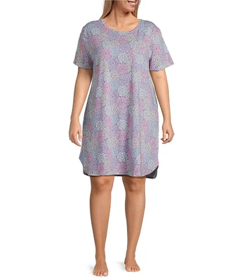 Sleep Sense Plus Size Short Sleeve Crew Neck Spring Mums Print Chest Pocket Knit Nightgown
