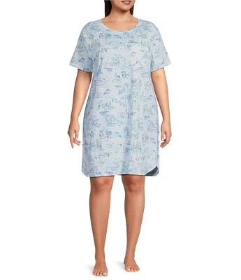 Sleep Sense Plus Size Short Sleeve Crew Neck Vacation Toile Print Knit Nightgown