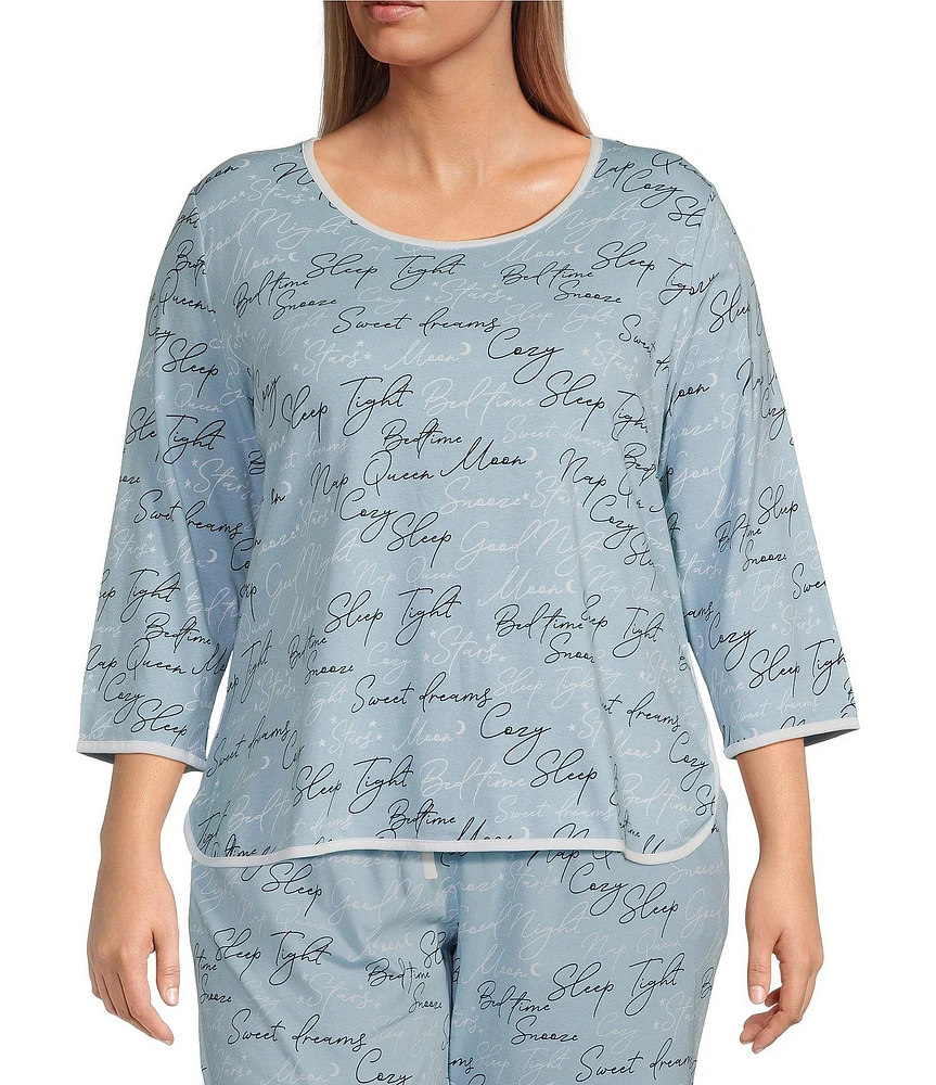 Sleep Sense Plus Size Sleep Script Print Scoop Neck 3/4 Sleeve Knit Coordinating Sleep Top