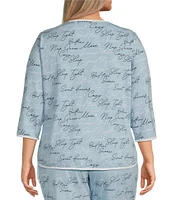 Sleep Sense Plus Size Sleep Script Print Scoop Neck 3/4 Sleeve Knit Coordinating Sleep Top