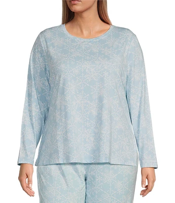 Sleep Sense Plus Size Snowflake Print Knit Long Sleeve Crew Neck Coordinating Holiday Sleep Top