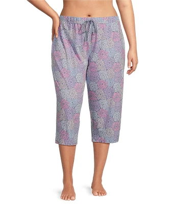 Sleep Sense Plus Size Spring Mums Knit Print Drawstring Tie Coordinating Sleep Capri Pants