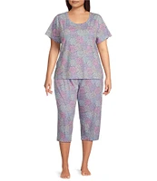 Sleep Sense Plus Size Spring Mums Knit Print Drawstring Tie Coordinating Sleep Capri Pants