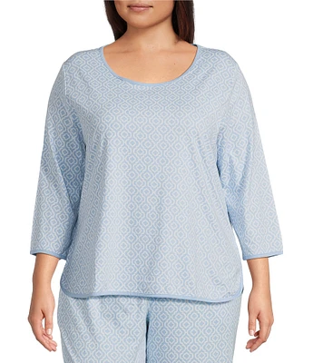 Sleep Sense Plus Size Tile Print Scoop Neck 3/4 Sleeve Knit Coordinating Sleep Top
