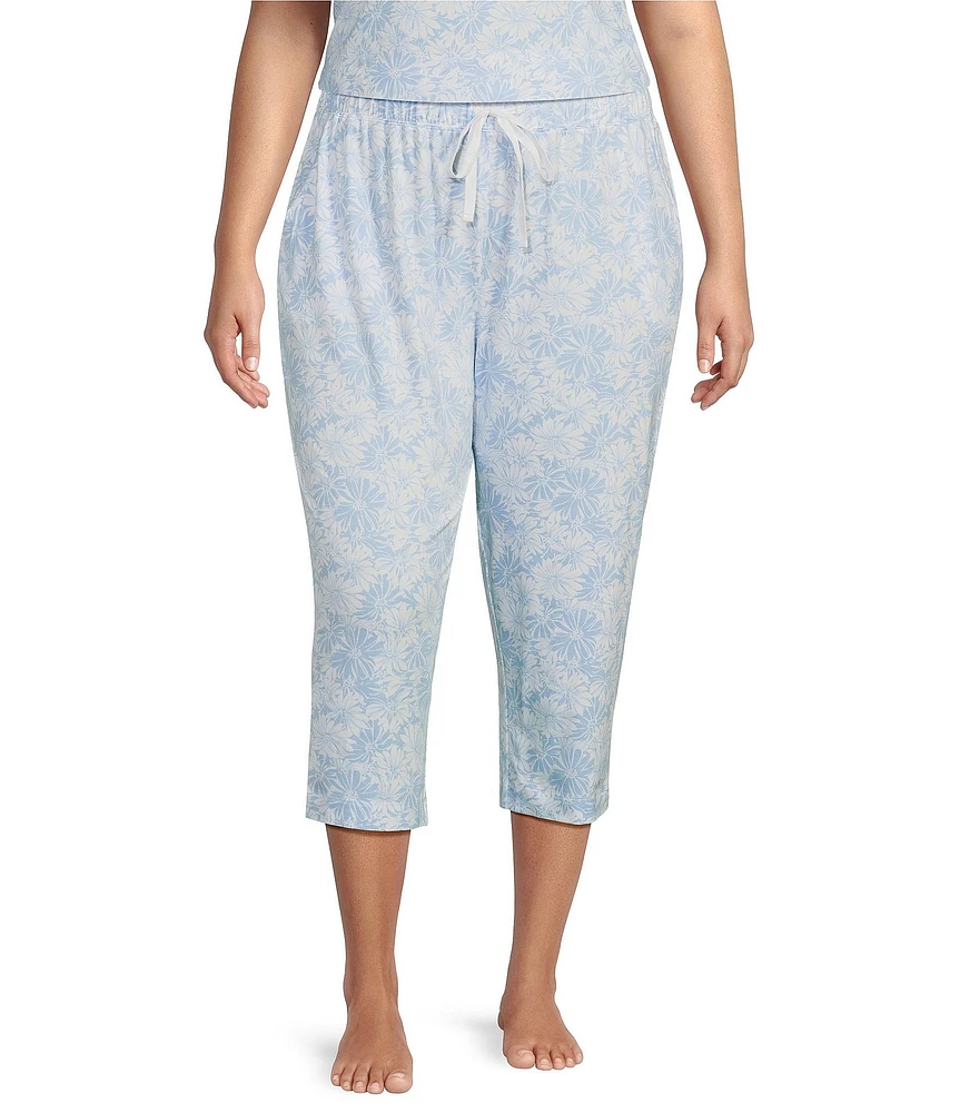 Sleep Sense Plus Size Tonal Daisy Print Knit Drawstring Tie Coordinating Sleep Pant