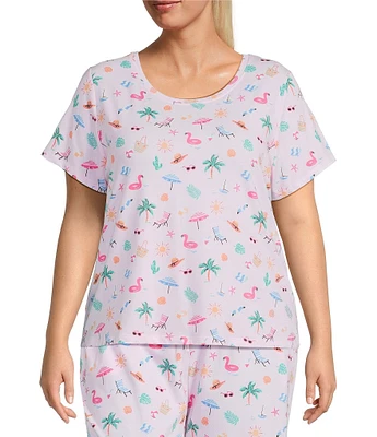 Sleep Sense Plus Size Tossed Vacay Print Short Sleeve Scoop Neck Coordinating Sleep Top