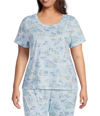 Sleep Sense Plus Size Vacation Toile Print Short Sleeve Scoop Neck Coordinating Sleep Top