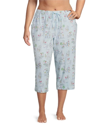 Sleep Sense Plus Size Vacay Toile Knit Print Drawstring Tie Coordinating Sleep Capri Pants