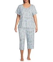 Sleep Sense Plus Size Vacay Toile Knit Print Drawstring Tie Coordinating Sleep Capri Pants