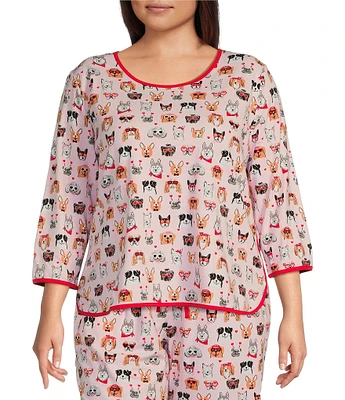 Sleep Sense Plus Size Valentine Dogs Print Scoop Neck 3/4 Sleeve Knit Coordinating Sleep Top