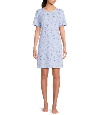 Sleep Sense Short Sleeve Crew Neck Songbird Print Knit Nightgown