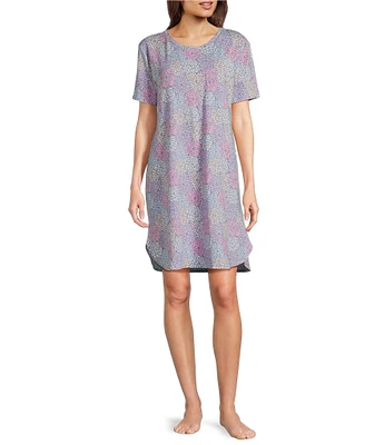 Sleep Sense Short Sleeve Crew Neck Spring Mums Print Chest Pocket Knit Nightgown