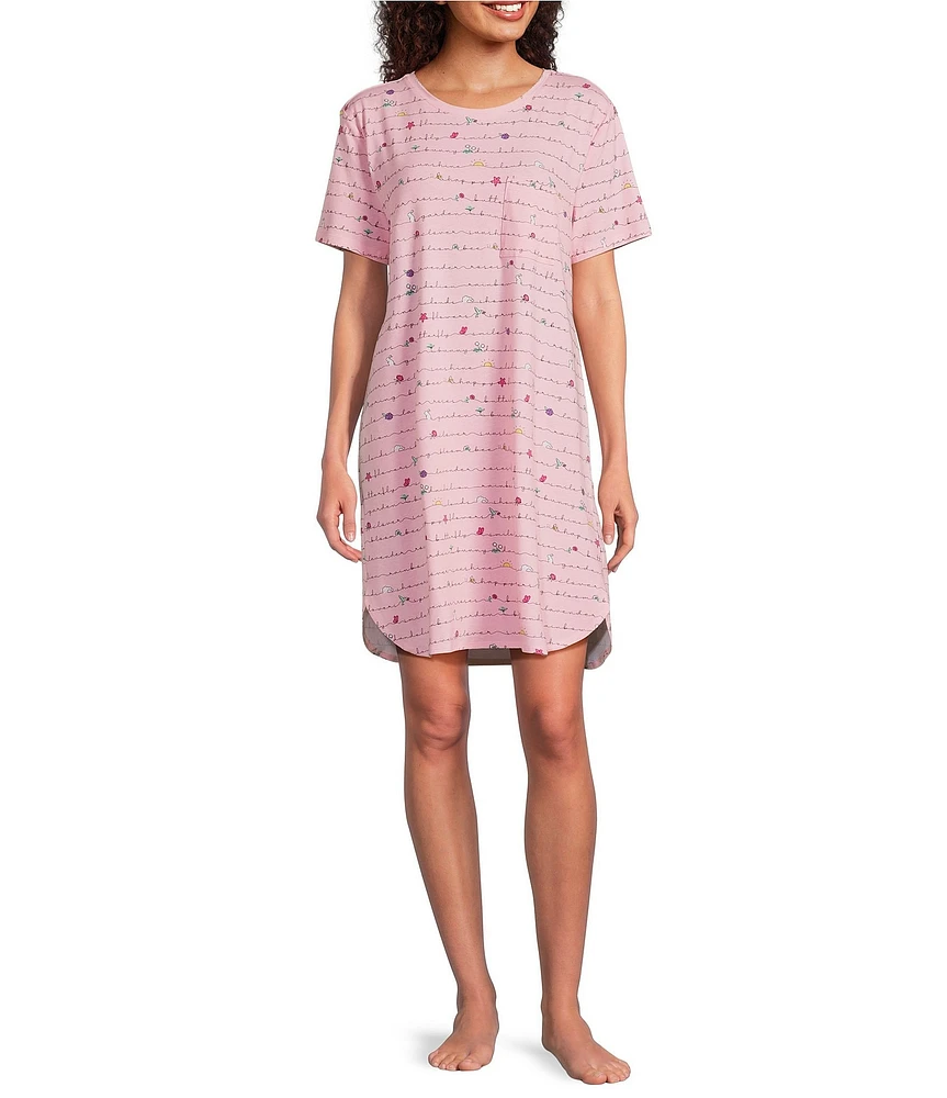 Sleep Sense Short Sleeve Crew Neck Spring Script Print Chest Pocket Knit Nightgown