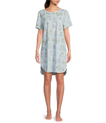 Sleep Sense Short Sleeve Crew Neck Vacay Toile Print Chest Pocket Knit Nightgown