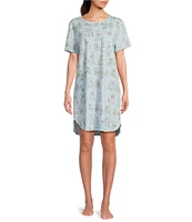 Sleep Sense Short Sleeve Crew Neck Vacay Toile Print Chest Pocket Knit Nightgown