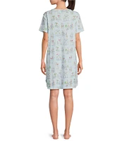 Sleep Sense Short Sleeve Crew Neck Vacay Toile Print Chest Pocket Knit Nightgown