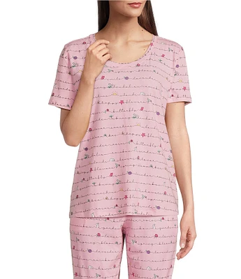 Sleep Sense Spring Script Print Short Sleeve Scoop Neck Coordinating Sleep Top
