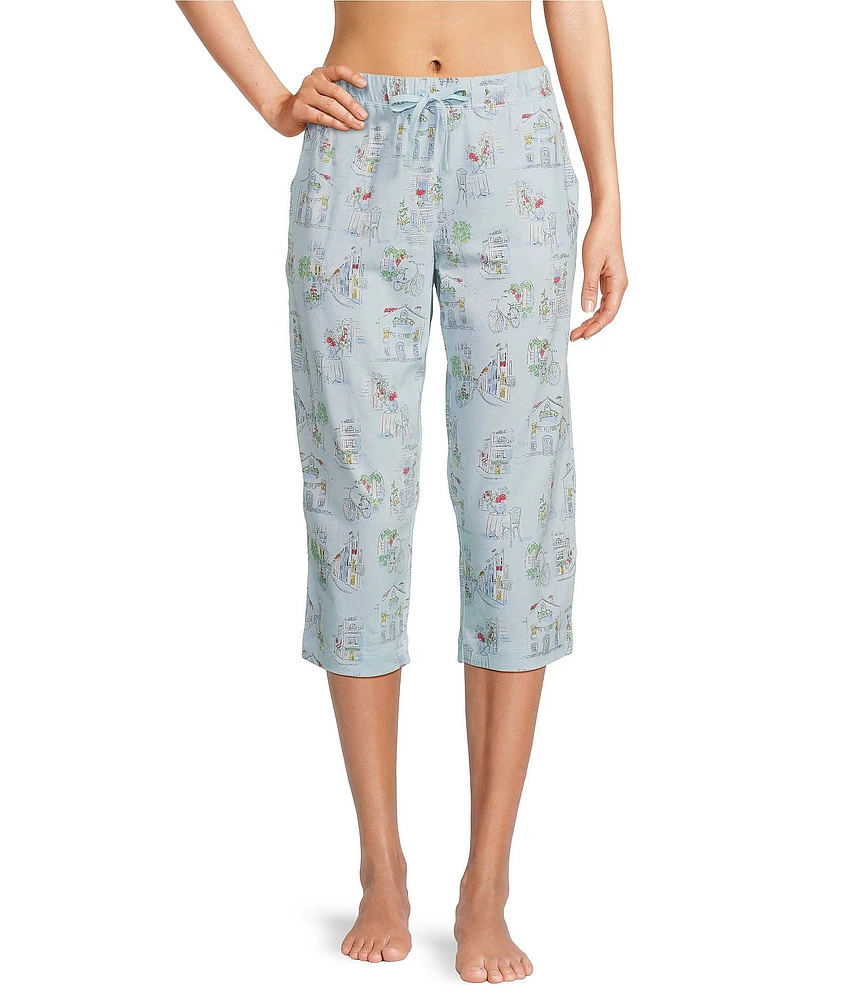 Sleep Sense Vacay Toile Knit Print Drawstring Tie Coordinating Sleep Capri Pants