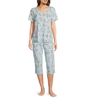 Sleep Sense Vacay Toile Knit Print Drawstring Tie Coordinating Sleep Capri Pants