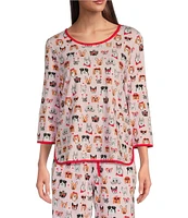 Sleep Sense Valentine Dogs Print Scoop Neck 3/4 Sleeve Knit Coordinating Sleep Top