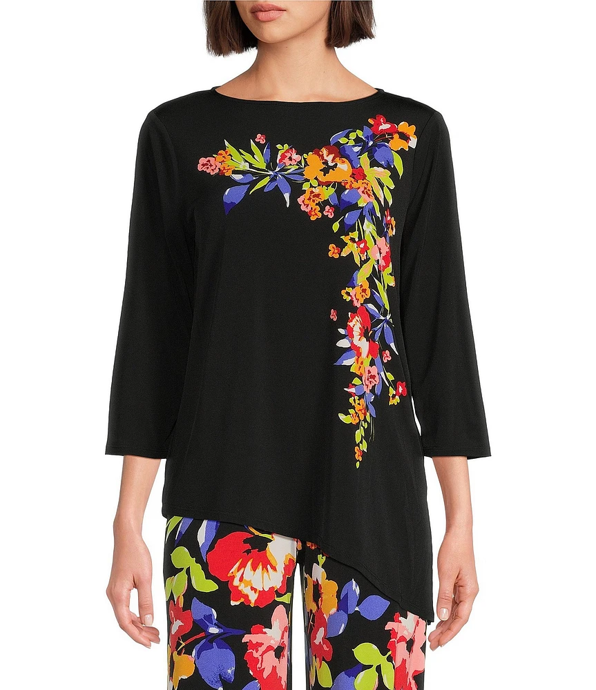 Slim Factor by Investment 3/4 Sleeve Angle Hem Crew Neck Knit Top
