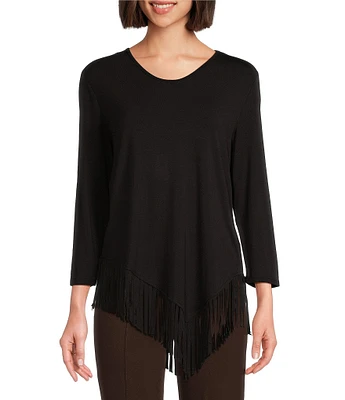 Slim Factor by Investment Lauren 3/4 Sleeve Asymmetrical Hemline Scoop Neckline Fringe Knit Top