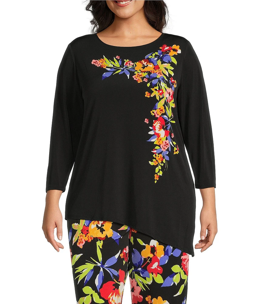 Slim Factor by Investment Plus Size 3/4 Sleeve Angle Hem Crew Neck Knit Top