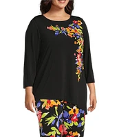 Slim Factor by Investment Plus Size 3/4 Sleeve Angle Hem Crew Neck Knit Top