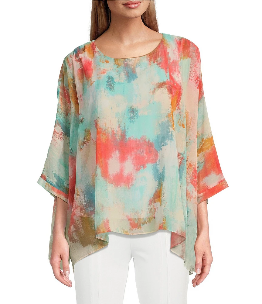 Slim Factor by Investments Abstract Haze Crew Neck 3/4 Dolman Sleeve Lined Blouse