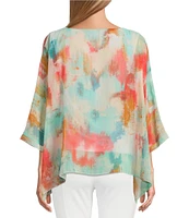 Slim Factor by Investments Abstract Haze Crew Neck 3/4 Dolman Sleeve Lined Blouse
