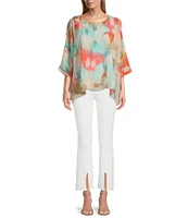 Slim Factor by Investments Abstract Haze Crew Neck 3/4 Dolman Sleeve Lined Blouse
