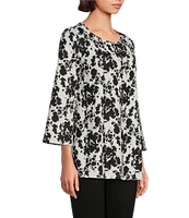 Slim Factor by Investments Abstract Splatter Print Crew Neck 3/4 Sleeve Top