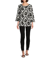 Slim Factor by Investments Abstract Splatter Print Crew Neck 3/4 Sleeve Top