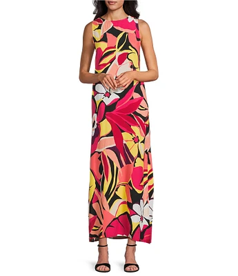 Slim Factor by Investments Azalea Sunstruck Fancy Floral Print Sleeveless Crew Neck Maxi Dress