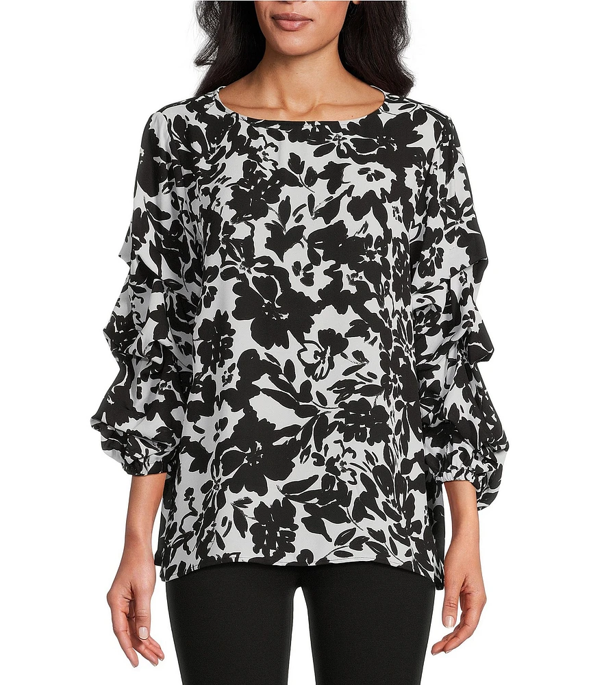 Slim Factor By Investments Black/White Ink Stroked Floral Print Kara Boat Neck 3/4 Tiered Sleeve Top