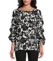 Slim Factor By Investments Black/White Ink Stroked Floral Print Kara Boat Neck 3/4 Tiered Sleeve Top
