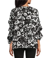Slim Factor By Investments Black/White Ink Stroked Floral Print Kara Boat Neck 3/4 Tiered Sleeve Top