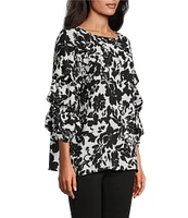 Slim Factor By Investments Black/White Ink Stroked Floral Print Kara Boat Neck 3/4 Tiered Sleeve Top