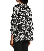 Slim Factor By Investments Black/White Ink Stroked Floral Print Kara Boat Neck 3/4 Tiered Sleeve Top