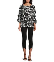 Slim Factor By Investments Black/White Ink Stroked Floral Print Kara Boat Neck 3/4 Tiered Sleeve Top