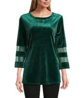 Slim Factor By Investments Crew Neck 3/4 Flared Mesh Sleeve Velvet Top