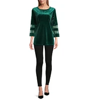 Slim Factor By Investments Crew Neck 3/4 Flared Mesh Sleeve Velvet Top