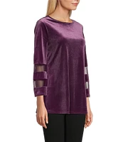 Slim Factor By Investments Crew Neck 3/4 Flared Mesh Sleeve Velvet Top