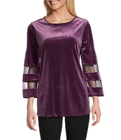 Slim Factor By Investments Crew Neck 3/4 Flared Mesh Sleeve Velvet Top