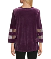 Slim Factor By Investments Crew Neck 3/4 Flared Mesh Sleeve Velvet Top