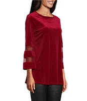 Slim Factor By Investments Crew Neck 3/4 Flared Mesh Sleeve Velvet Top