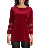 Slim Factor By Investments Crew Neck 3/4 Flared Mesh Sleeve Velvet Top