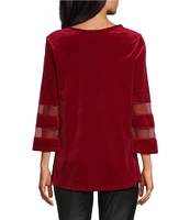 Slim Factor By Investments Crew Neck 3/4 Flared Mesh Sleeve Velvet Top